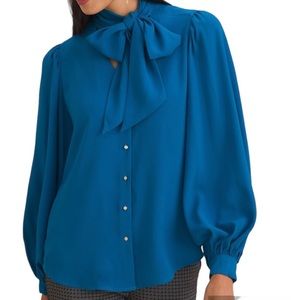 Chico's Top Medium 1 Teal Bow Blouse Button Up Balloon Sleeve